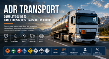 Camion de transport ADR care transportă mărfuri periculoase pe o autostradă europeană, cu plăci portocalii de pericol și marcaje de siguranță